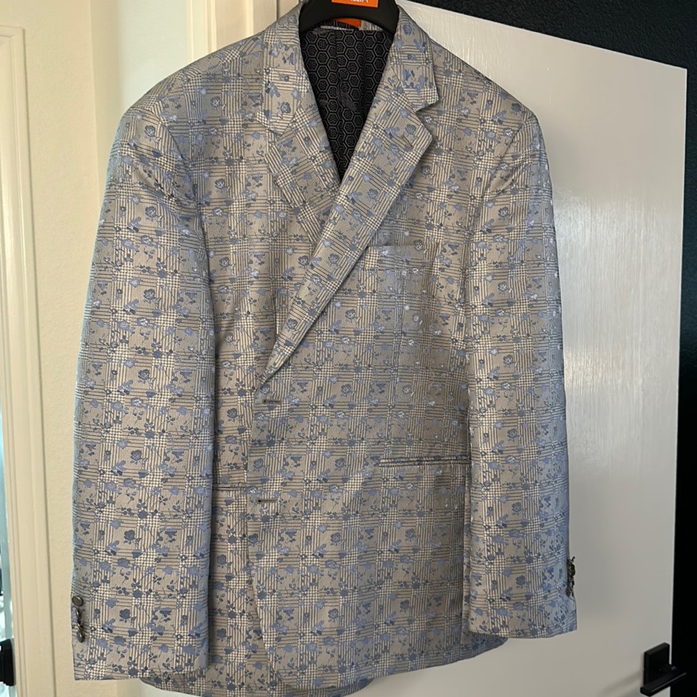 TALLIA Silver and Blue Floral Plaid Sport Coat